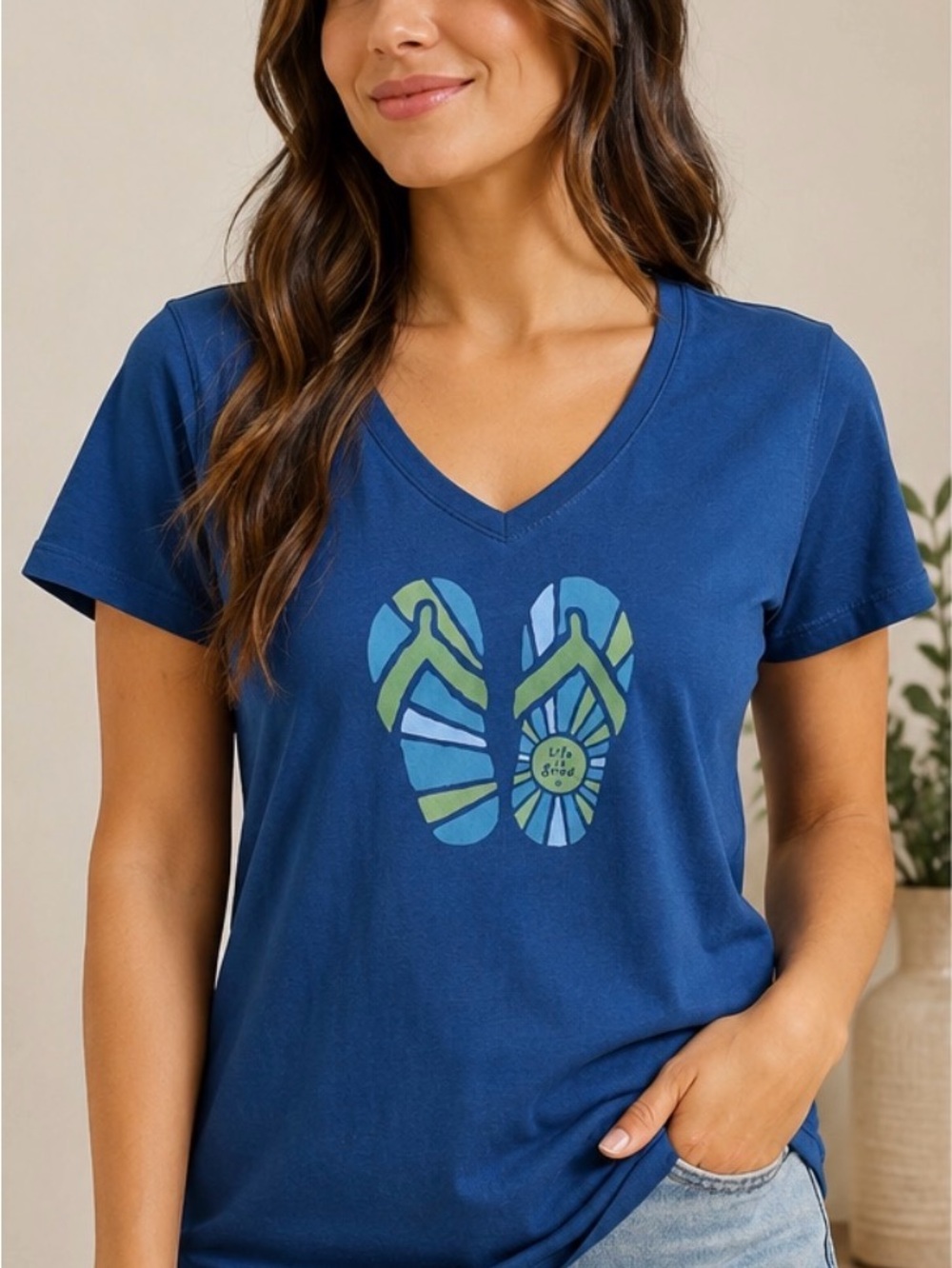 Life Is Good Navy V-Neck Tee with Flip-Flop Graphic